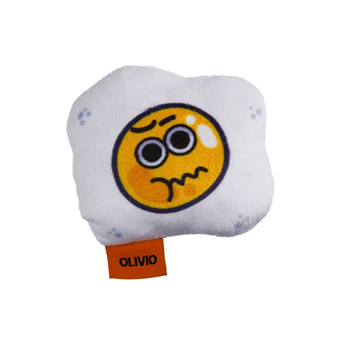 Plush toy with a face design and 'Olivio' label on a white background