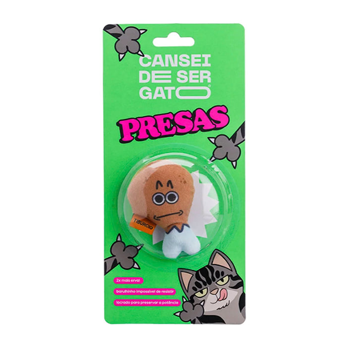 Catnip toy packaging with cartoon cat and text on a green background