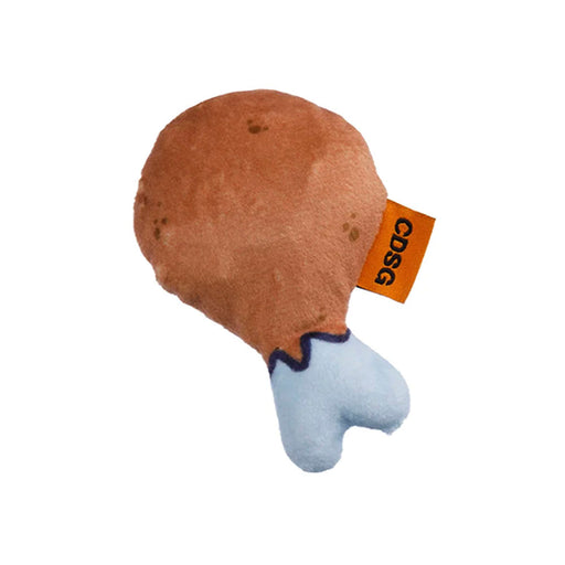Plush toy resembling a fried chicken leg with a visible brand tag on a white background