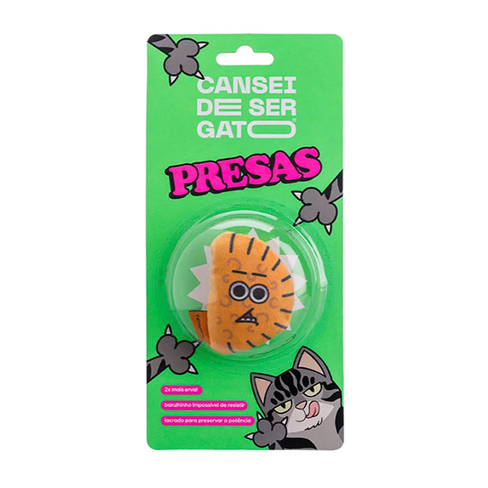 Catnip toy packaging with a green background and cat illustration.