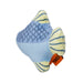 Blue and yellow fish-shaped toy with a visible brand tag on a white background