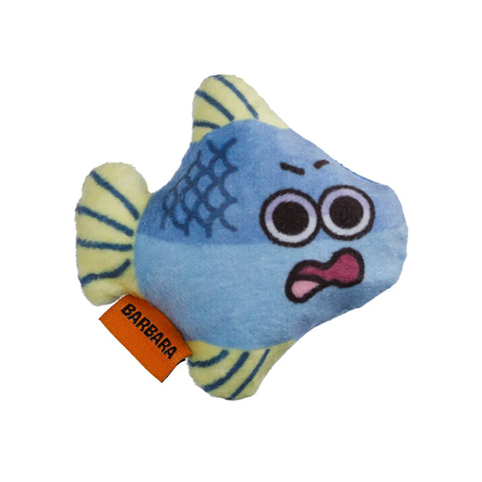 Blue and yellow fish-shaped toy with a surprised expression on a white background