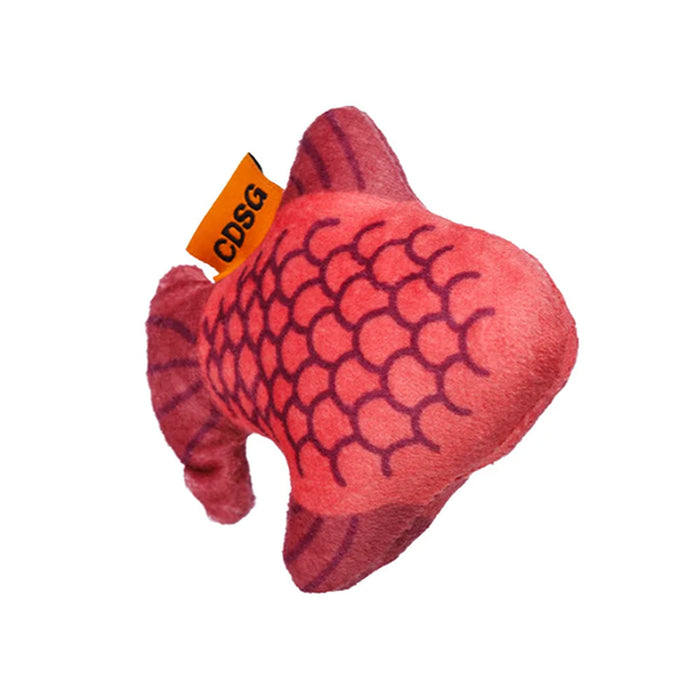 Red fish-shaped toy with a visible brand tag on a white background