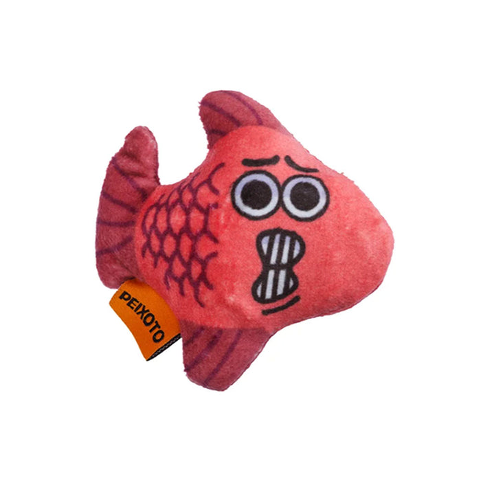 Red fish-shaped plush toy with a surprised expression on a white background