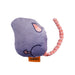 Plush toy shaped like a mouse with a gray body and pink tail on a white background