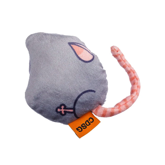 Plush toy shaped like a mouse with a gray body and pink tail on a white background
