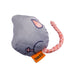 Plush toy shaped like a mouse with a gray body and pink tail on a white background