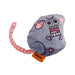 Plush toy shaped like a mouse with a gray body and pink tail on a white background