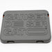 Gray plastic component with embossed text on a white background