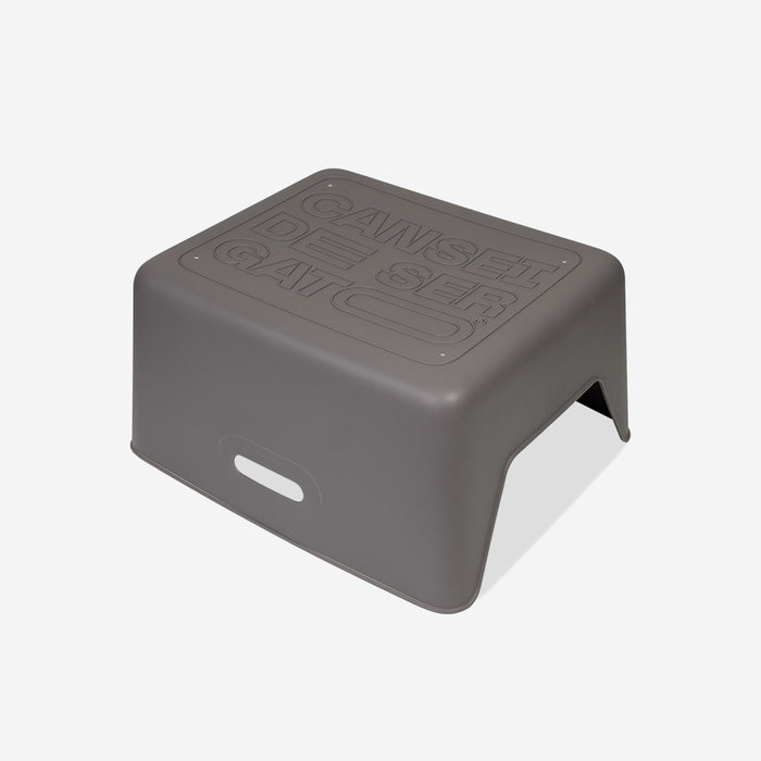 Gray step stool with branding on a white background