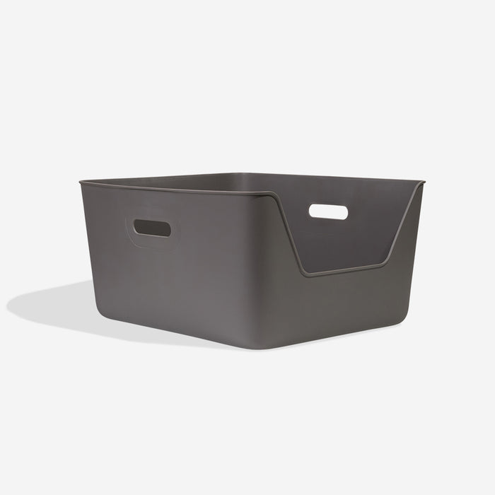 Dark gray rectangular storage bin with handles on a white background