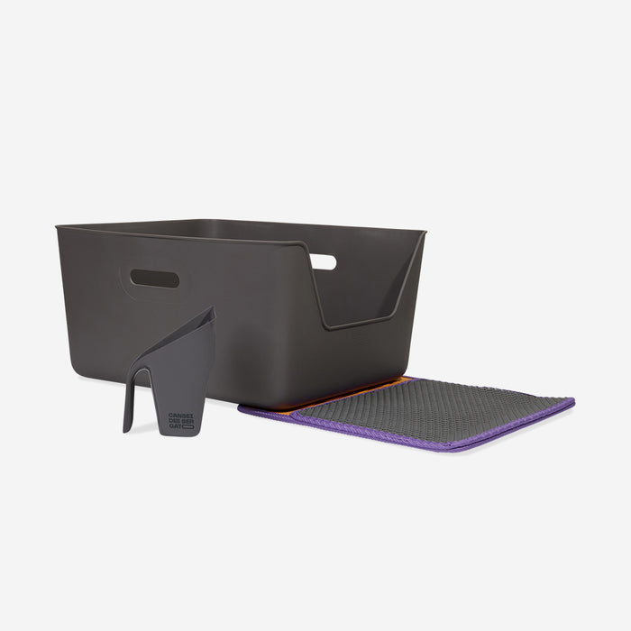 Black litter box with a purple mat on a light gray background