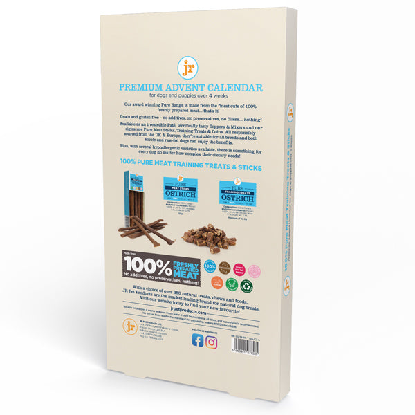 The back panel of a beige J&J Premium Advent Calendar box, displaying product information, ingredients, and branding for J&J Pet Health.