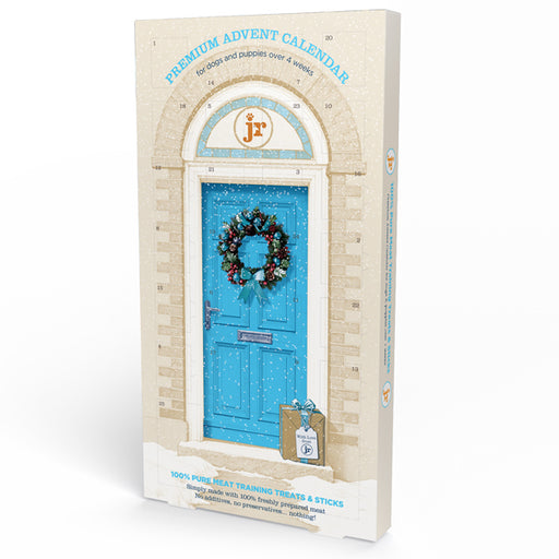Premium Advent Calendar for dogs and puppies, featuring a front cover illustration of a bright blue door with a festive wreath, set against a clean white background.