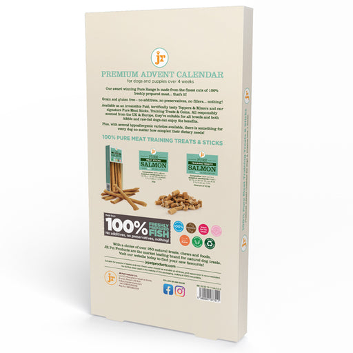 The back panel of a beige cardboard box for 'JP Premium Advent Calendar' dog treats, featuring product descriptions, ingredient highlights, and images of salmon and beef jerky sticks.