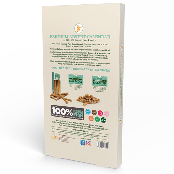 The back panel of a beige cardboard box for 'JP Premium Advent Calendar' dog treats, featuring product descriptions, ingredient highlights, and images of salmon and beef jerky sticks.