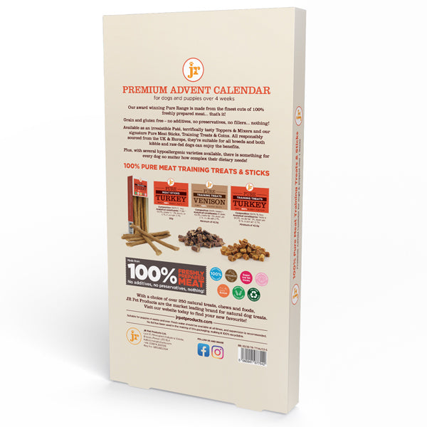 The back of a beige dog supplement box, featuring product information, brand logo 'JP', and images of dog treats and ingredients on a white background.