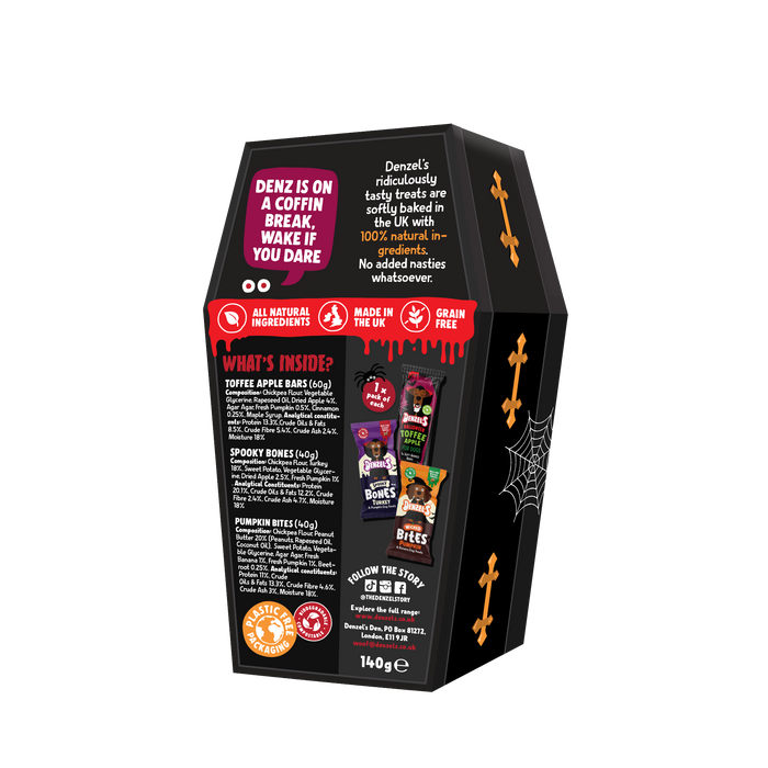 Black coffin-shaped packaging with Halloween-themed text and graphics on a white background