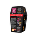 Black coffin-shaped packaging with Halloween-themed text and graphics on a white background