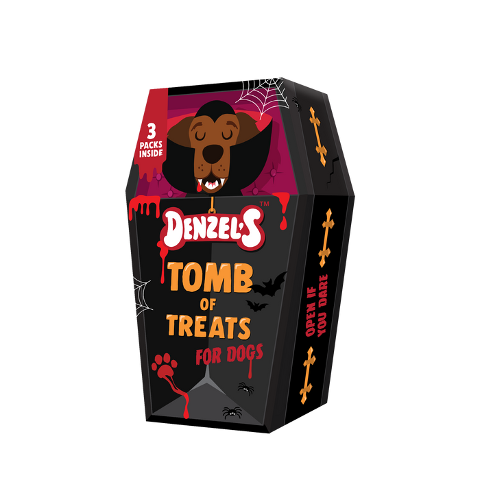 Denzel's Tomb of Treats for dogs packaging on a white background