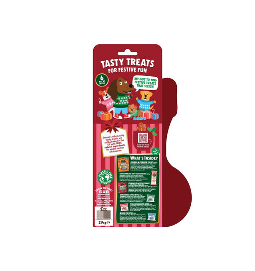 Red packaging of 'Tasty Treats for Festive Fun' with cartoon dogs and Christmas-themed design.