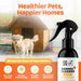 Kennel cleaner spray bottle with a dog and kennel in the background, promoting healthier pets and happier homes.