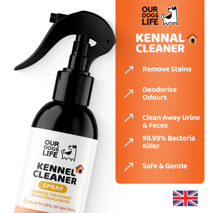 Black spray bottle labeled 'Our Dogs Life Kennel Cleaner' on a white background with an orange label detailing product features.