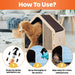 Dog using a pet crate with cleaning instructions displayed on an orange background