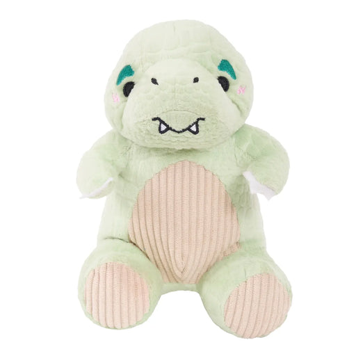 Green plush toy t-rex design on a white background