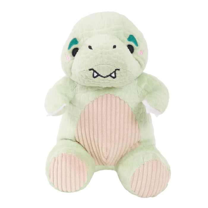 Green plush toy t-rex design on a white background