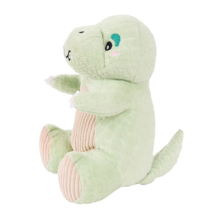 Green plush toy t-rex design on a white background