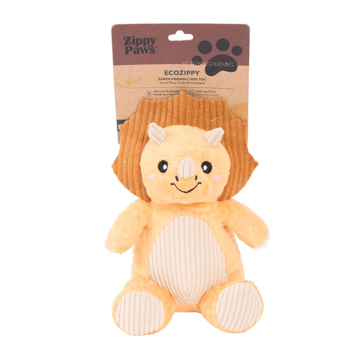 Plush Triceratops and Zippy Paws packaging on a white background