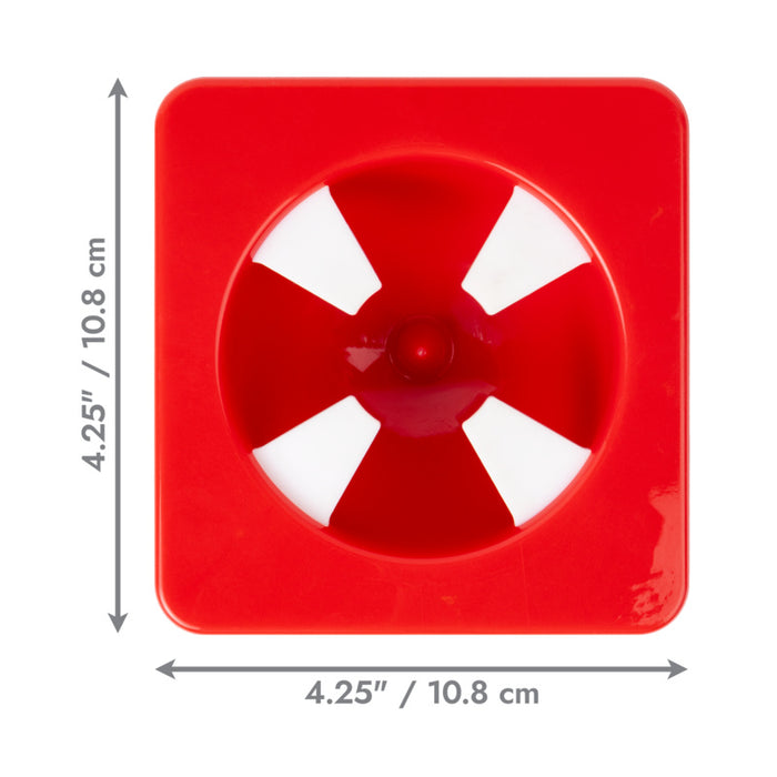 Red kong tray with dimensions indicated on a white background