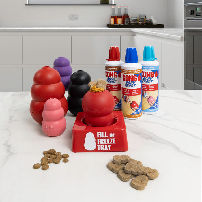 Dog toys and treats on a kitchen counter with KONG branding