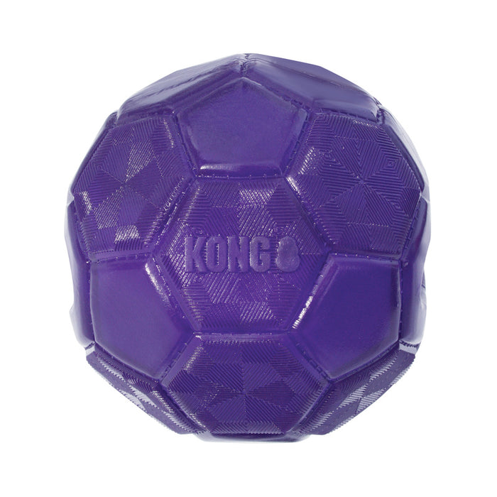 A purple Kong ball dog toy with a textured, soccer-style hexagonal pattern, shown against a plain white background.