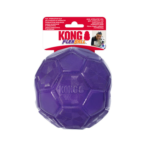 Purple KONG FlexBall dog toy with packaging on a white background