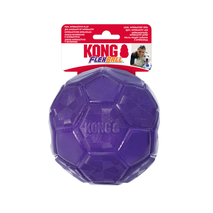 Purple KONG FlexBall dog toy with packaging on a white background