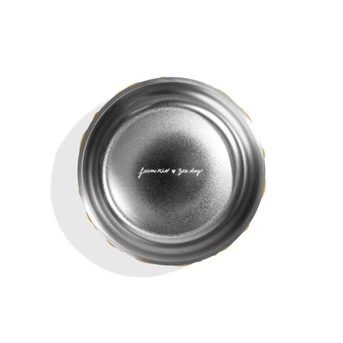 Silver pet bowl with 'Farm Rio' branding on a white background