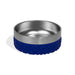 Stainless steel dog bowl with blue textured base on a white background