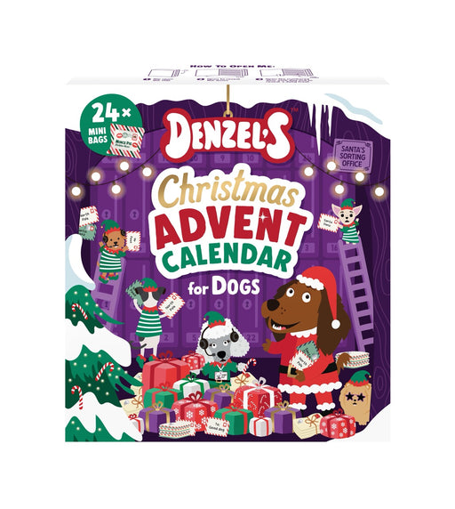 Denzels Christmas Advent Calendar for Dogs box, featuring a festive purple winter illustration with cartoon dogs, gifts, snow, and holiday lights.