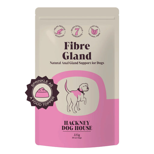 Fibre Gland supplement packaging for dogs with pink and beige design.