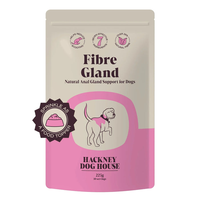 Fibre Gland supplement packaging for dogs with pink and beige design.