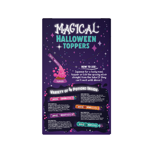 A product packaging card for 'Magical Halloween Toppers' by The Spooky Elixir, featuring a dark purple background with whimsical text, illustrations of a potion bottle and cauldron, and a section detailing the contents inside.