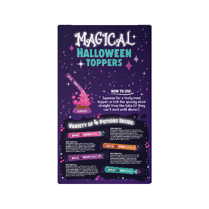 A product packaging card for 'Magical Halloween Toppers' by The Spooky Elixir, featuring a dark purple background with whimsical text, illustrations of a potion bottle and cauldron, and a section detailing the contents inside.