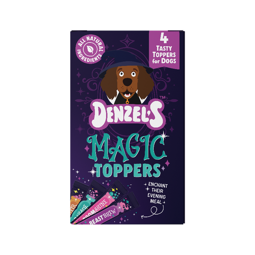 A box of Denzel's Magic Toppers for dogs, featuring a dark purple background with a cartoon dog wearing a wizard hat. The box includes a pink circular badge that says 'All Natural Ingredients' and a pink banner that says '4 Tasty Toppers for Dogs'.