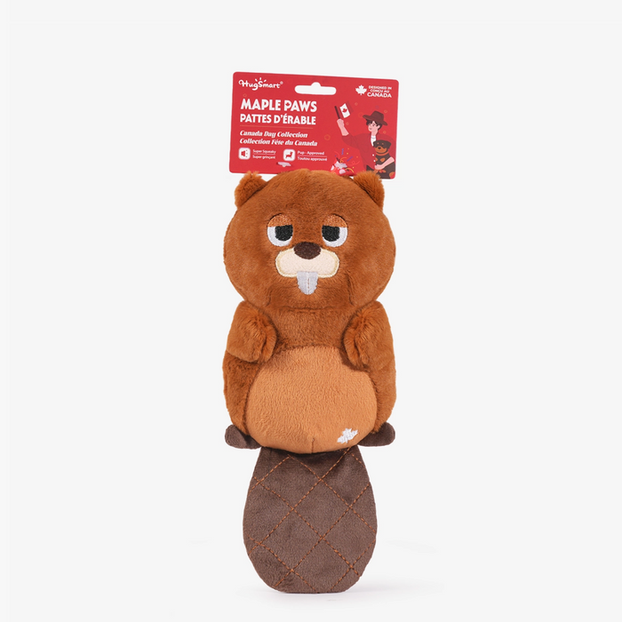 Plush beaver toy with packaging on a white background