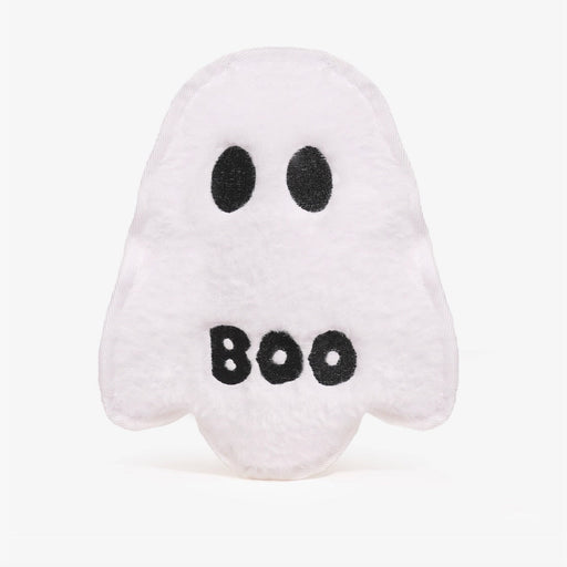 White ghost-shaped plush toy with 'BOO' text on a white background