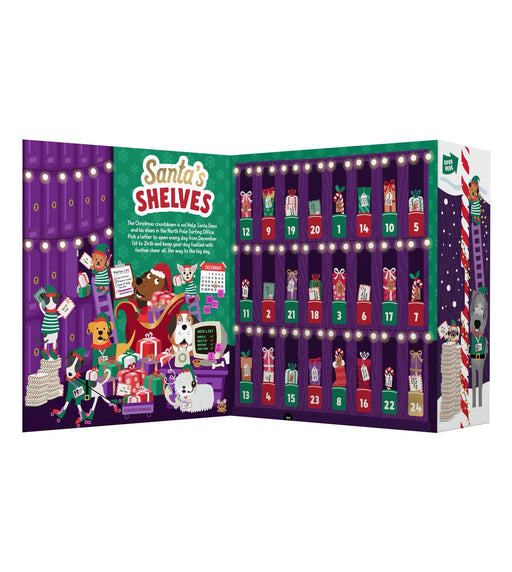 Santa's Shelves advent calendar box shown open, with illustrated holiday shelves, numbered gift doors, and festive character artwork on a white background.