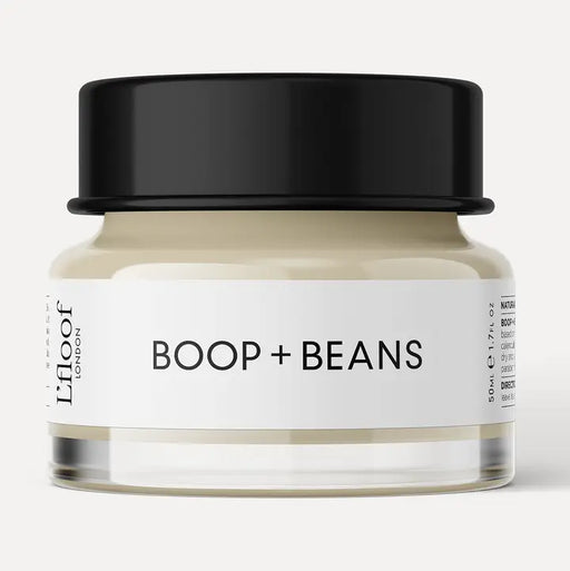Jar of 'Boop + Beans' cream with a black lid on a white background