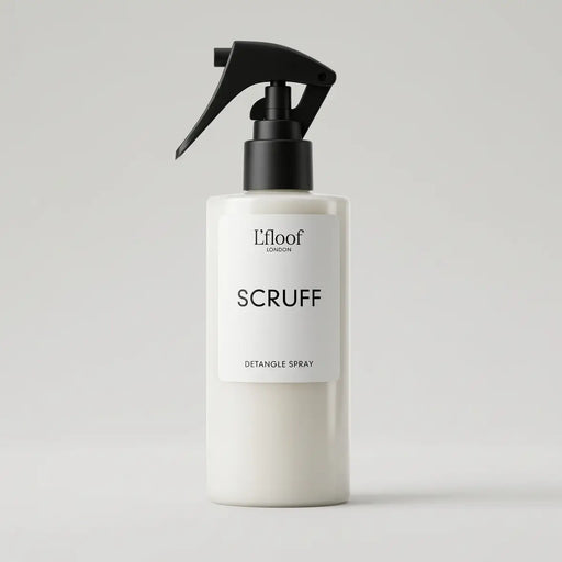 Lfloof Scruff detangle spray bottle on a light gray background